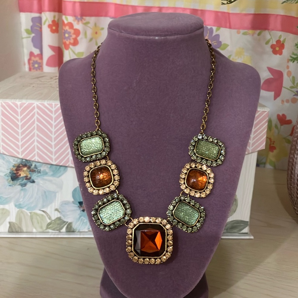 Vintage Antique Gold Statement Necklace with Amber & Green Square Glass Stones